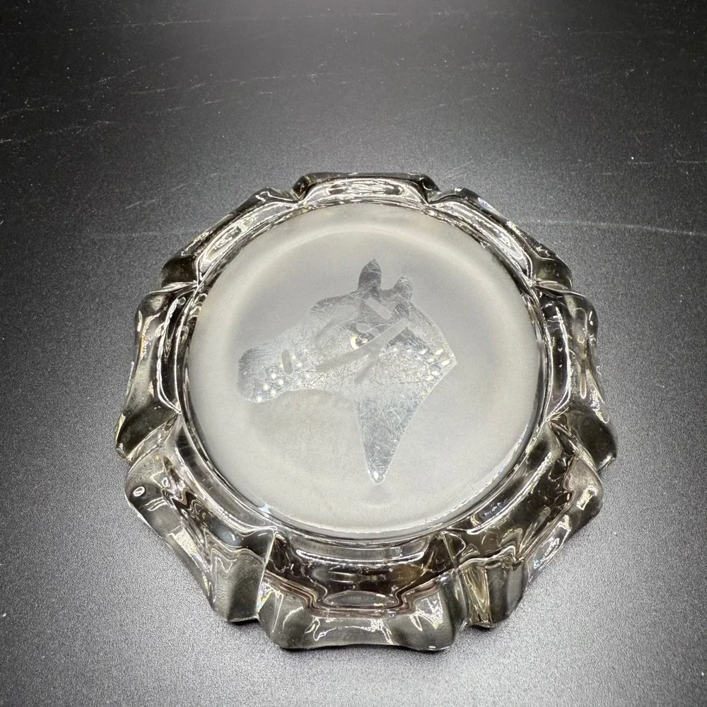 Glass Ashtray Horse Head Etched Design Heavy Crystal Clear Ashtray‎